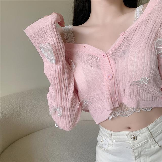 Suhao Pakaian Rajut Wanita Mesh Busur Simpul Pendek Slim Fit Spice Girl Cardigan Jaket Setelan Jas Tabir Surya Lengan Panjang atasan