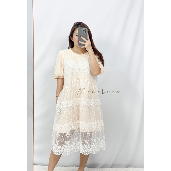 MDLV ~ 17330# Jocea Lace Layered Tee Dress Flower korea import