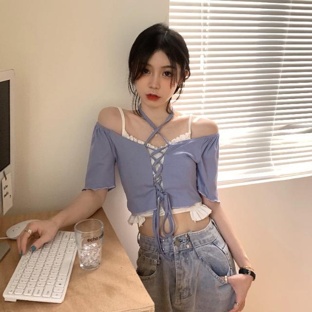 Suhao rasa desain niche one-shoulder T-shirt wanita musim panas slim lengan pendek in pasang pendek pusar one-piece setelan tulang selangka top