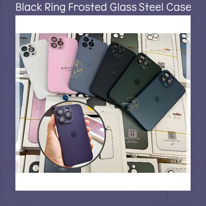 Black Ring Frosted Glass Steel Case iPhone 11 12 13 14 Plus Pro Max