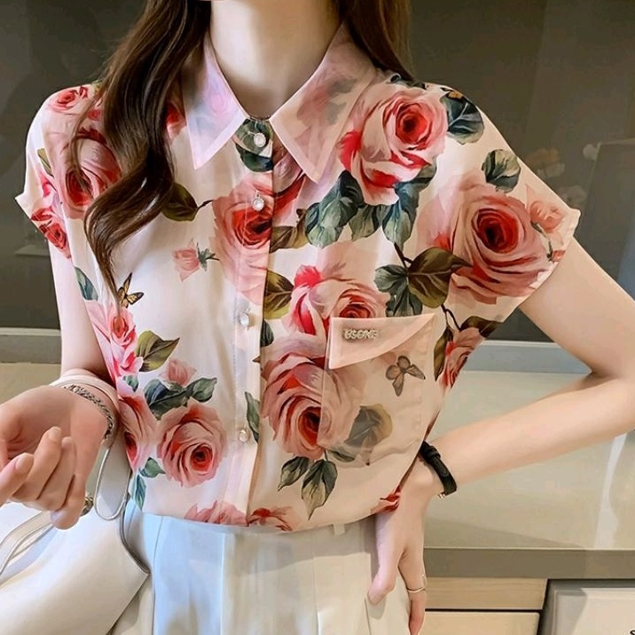 2172 Baju atasan kemeja blouse FLORAL TOP motif bunga flower Korea Korean style vintage wanita impor