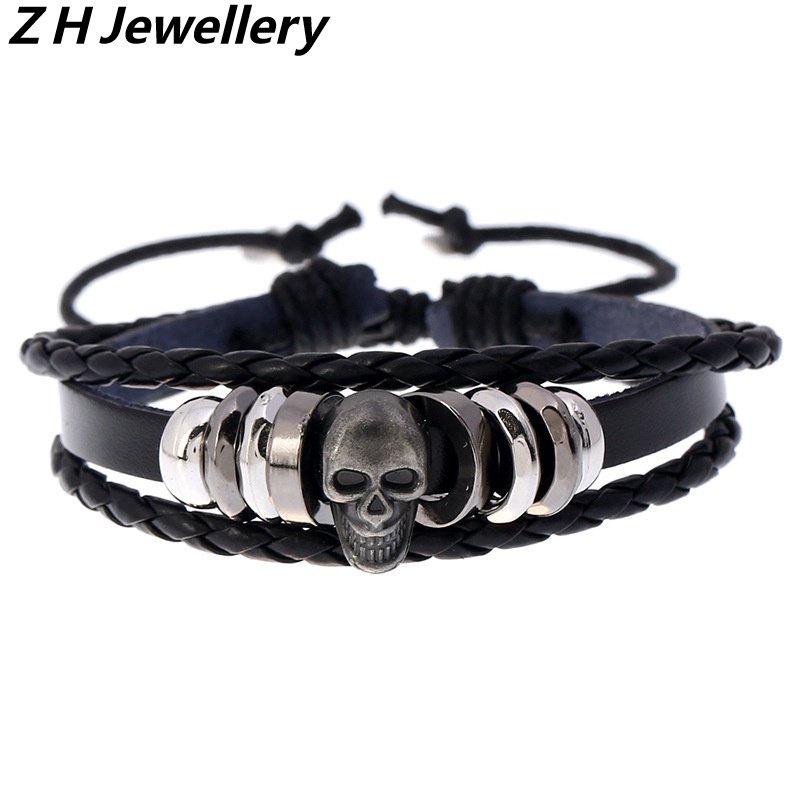 [Z H Perhiasan] Hip Hop Rock Retro Pria Fashion Stainless Steel Tengkorak Gelang Kulit Pesta Perhiasan Aksesoris