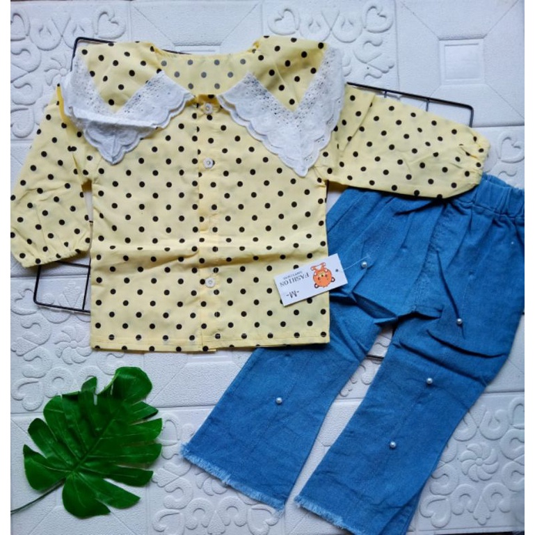 [1-5T] SETELAN BLOUSE KEMEJA CELANA JEANS ANAK PEREMPUAN IMPORT 1-5 TAHUN LENGAN PANJANG BLOUSE REMPEL POLKADOT / SETELAN ANAK CEWEK IMPORT CELANA JEANS PANJANG BLOUSE POLKADOT