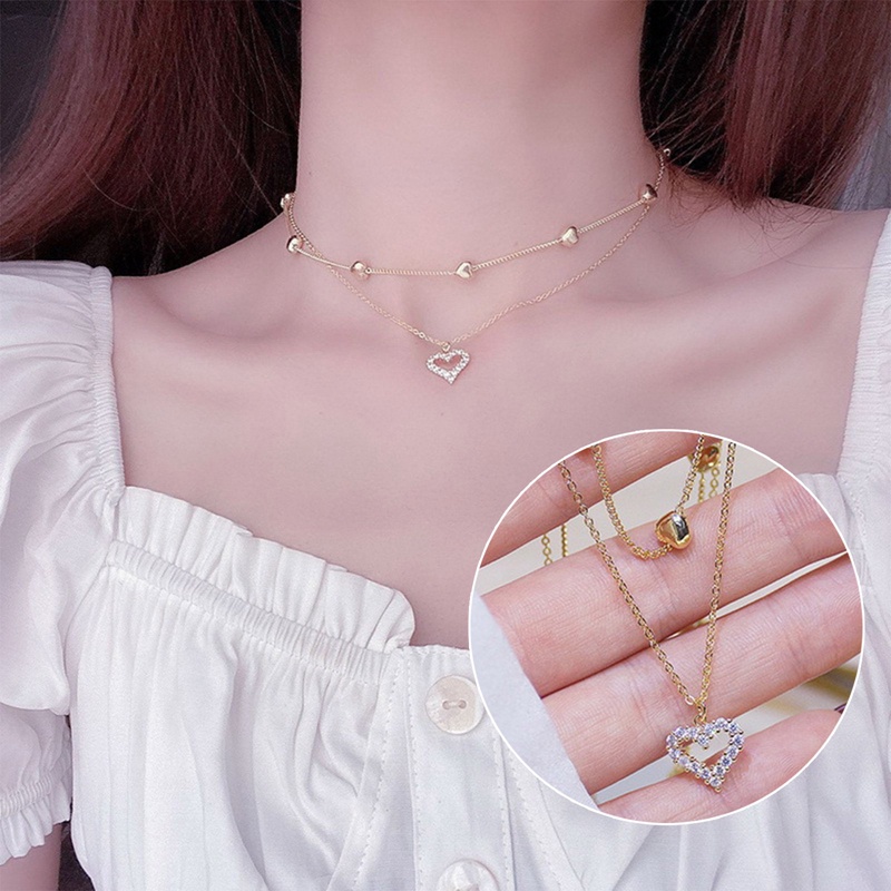 Kalung Choker Lapis Ganda Hati Sederhana Untuk Wanita Manik-Manik Multi Layers Chocker Collar