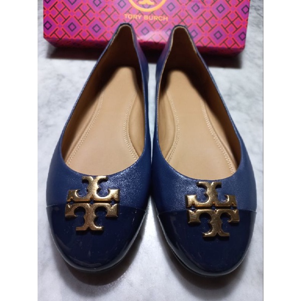 Brand New In Box tory burch Authentic flat shoes evelyn royal navy size 8