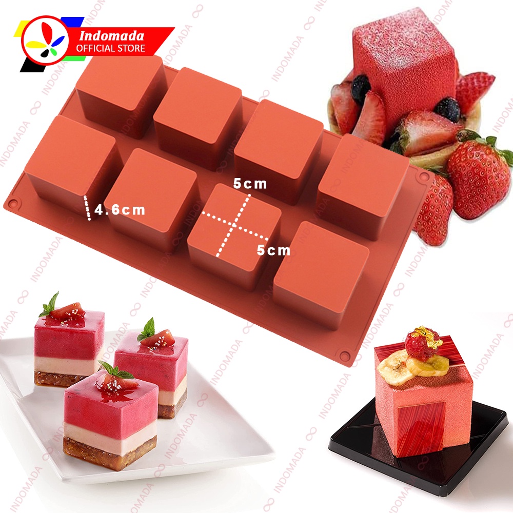 Indomada Cetakan Silikon 8 Kotak 3D Kubus Petite Fours Besar 5 x 5 x 4.6 cm Puding Coklat Kue Es Bat