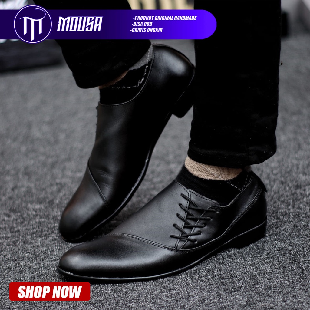 Sepatu Pantofel Kerja Kantor Kulit Asli Formal Hitam Pria Mousa Megan