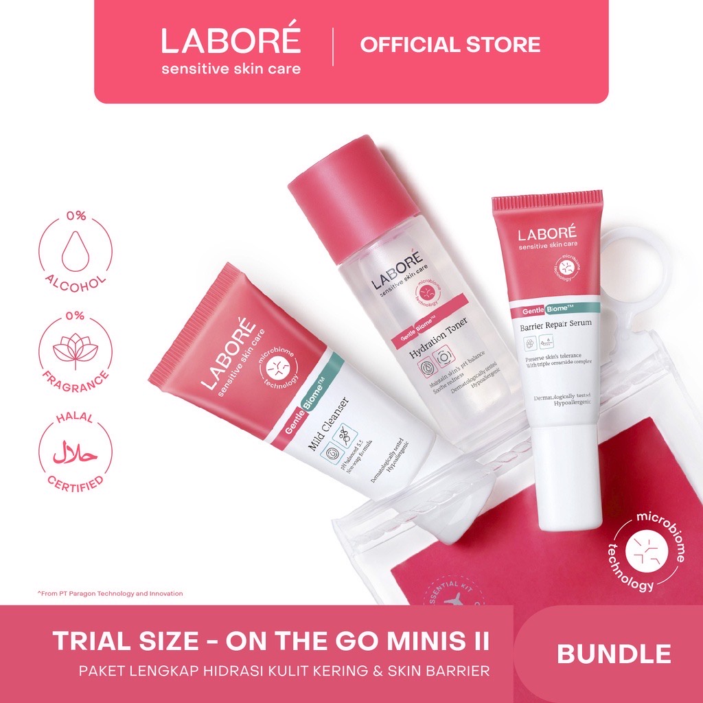 LABORE Sensitive Skin Care On The Go Minis II Indonesia / Trial Kit GentleBiome Mild Cleanser 15ml Hydration Toner 30ml Repair Serum 7ml / Sensitive Skincare Kulit Sensitif Wajah Muka Facial Face Wash Day Night Cream Moiturizer Sunscreen Mask Mini Series