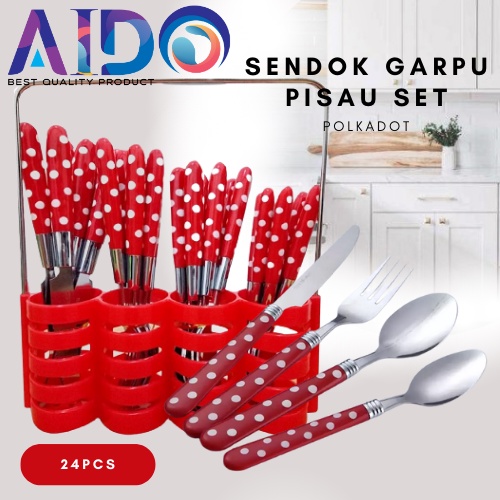 Sendok Sendok Garpu Makan Sendok Polkadot Set Stainless Sendok Garpu Pisau jg 24 Pcs