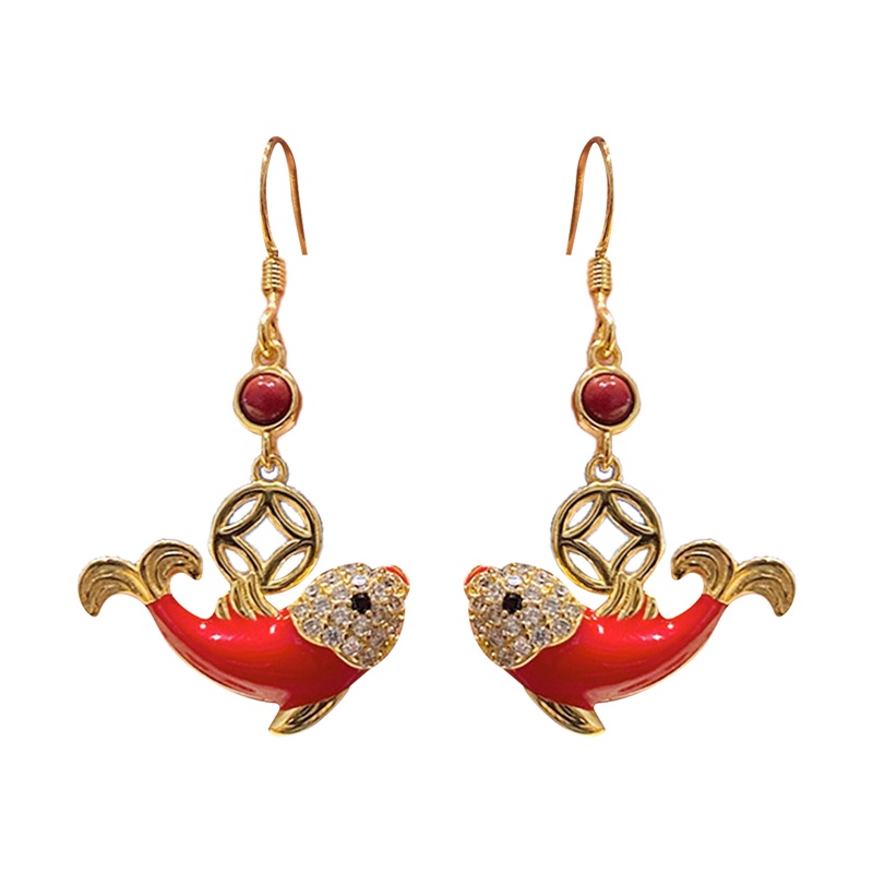 Fancyqube Meriah Merah Ikan Drop Anting-Anting Untuk Wanita Warna Emas Mewah Pengantin Pernikahan Anting-Anting Indah Hadiah Ulang Tahun Perhiasan Fashion
