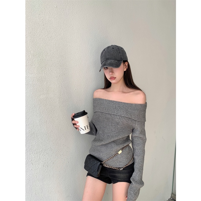 ■♕Suhao One-Shoulder Lengan Panjang Rajutan Kemeja Wanita Musim Gugur 2022 Baru High-End Retro Pinggang Slim sweater Top