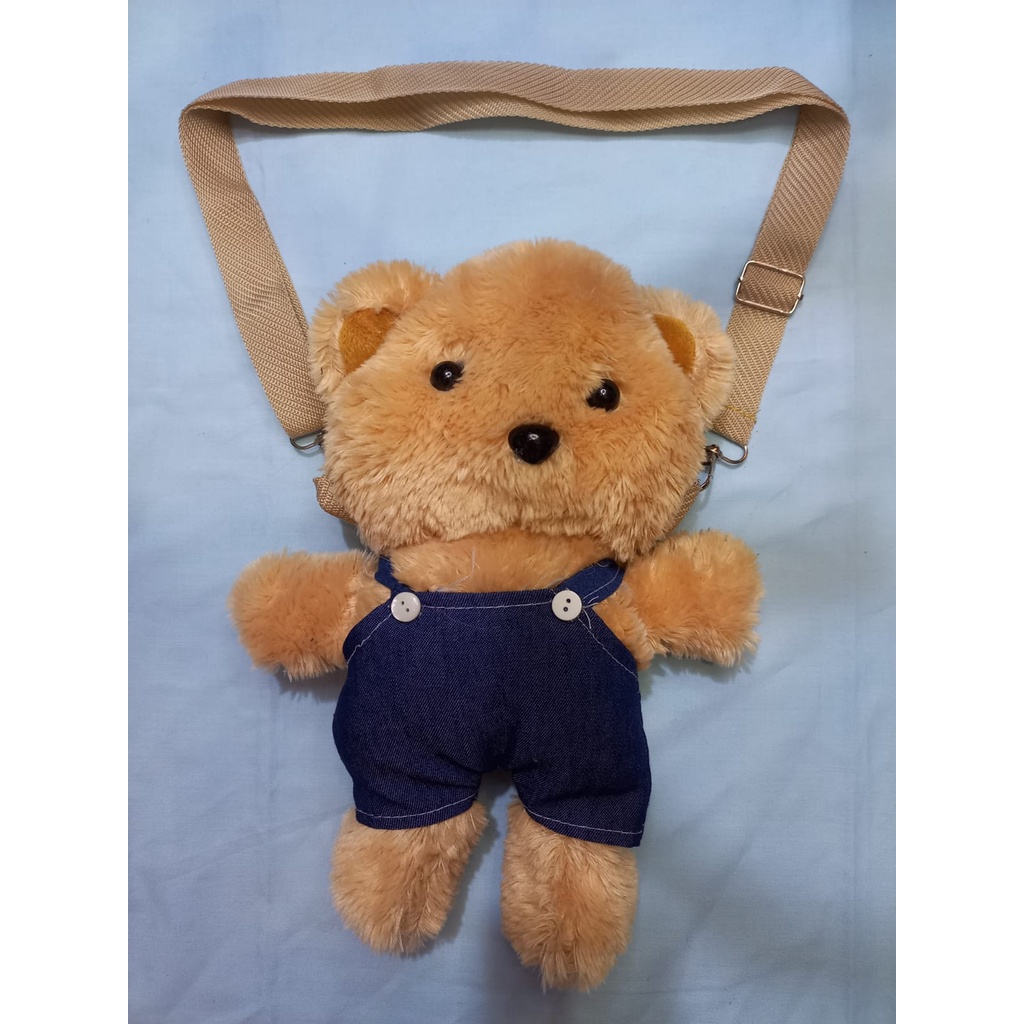 Tas Selempang Wanita Anak Remaja Boneka Teddy Bear Mini Overall Bahan Bulu Gemoy