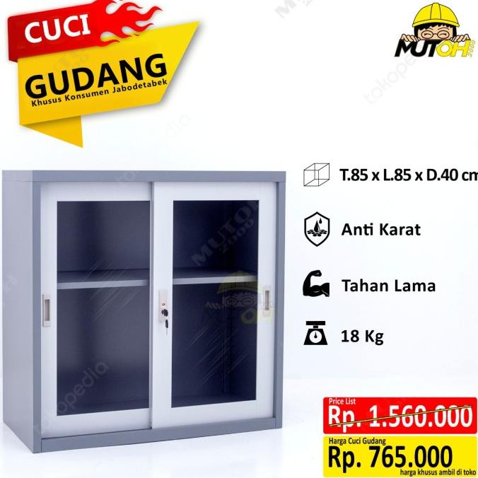 lemari arsip besi cabinet 2 pintu kaca sliding pendek