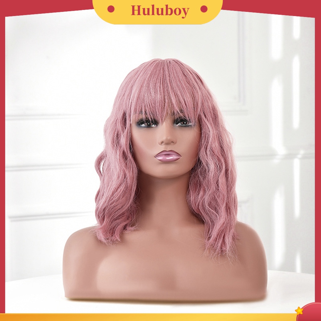 Wig Rambut Keriting Medium Ringan Dengan Poni Warna Pink Untuk Pesta Cosplay