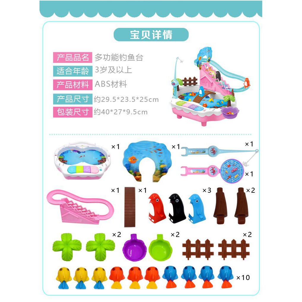 (LOLI-JKT)Mainan Pancingan Ikan 3in1 USB Magnet Seluncuran Pinguin Piano Mini Anak