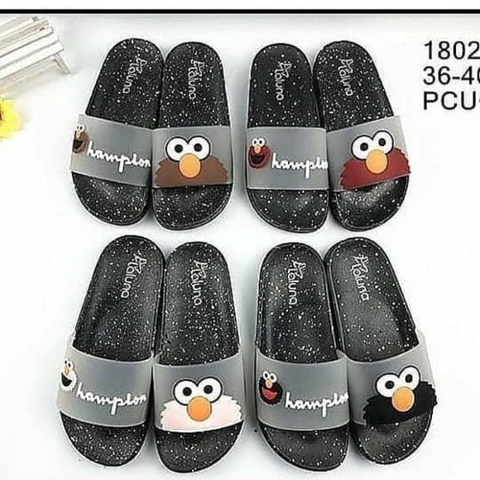 Sandal Kokop Wanita Sendal Selop Karet Motif Elmo Laluna-Hitam