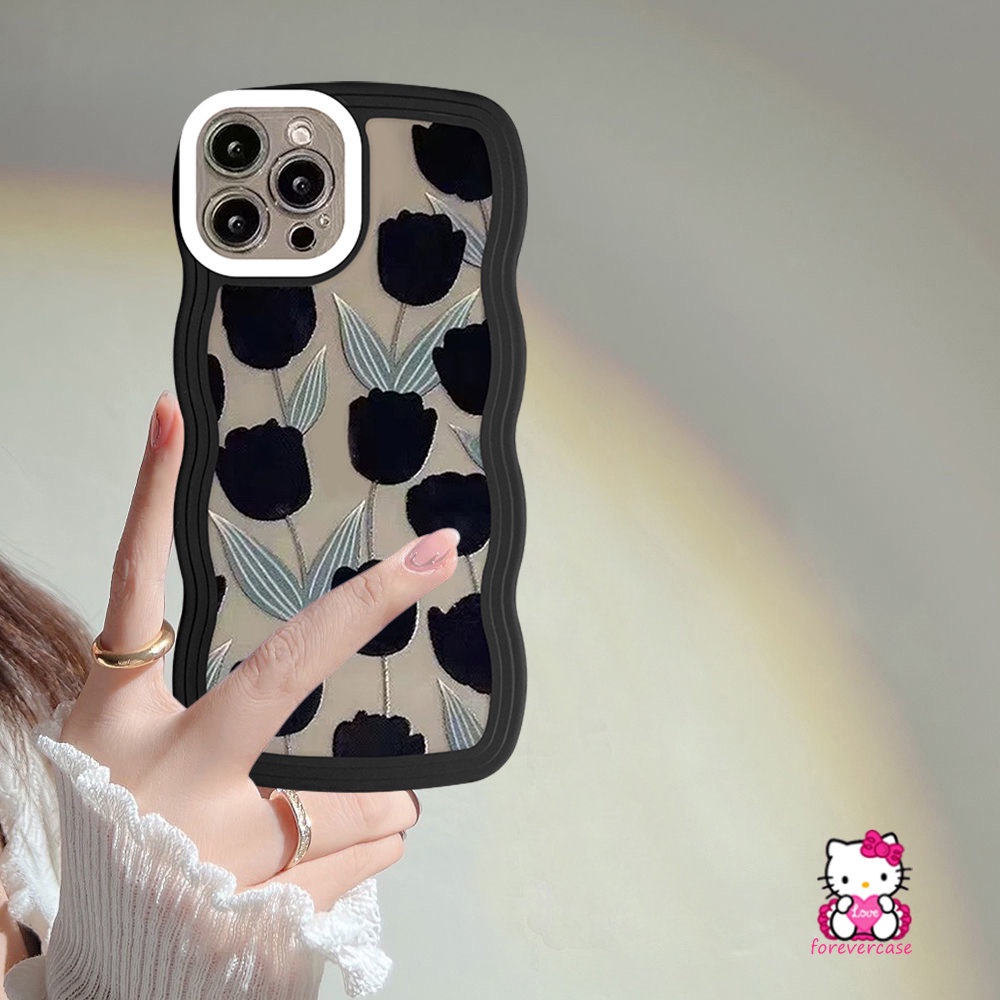Case Compatible For iPhone 6 6s 8 7 Plus 11 12 14 13 Pro Max XR 14Plus X XS Max SE 2020 Transparent Retro Flower Tulips Wavy Edge Soft TPU Cover