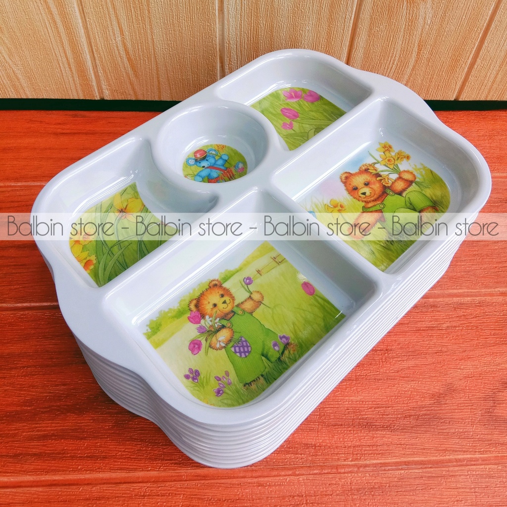 Balbin - promo 1 pcs piring bento sekat lima melamine ware diameter 29cm motif karakter - food grade