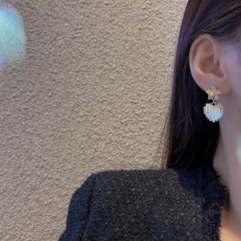 925 Perak Jarum Mutiara Anting Hati Fashion Perempuan Mata Kucing Anting Bunga