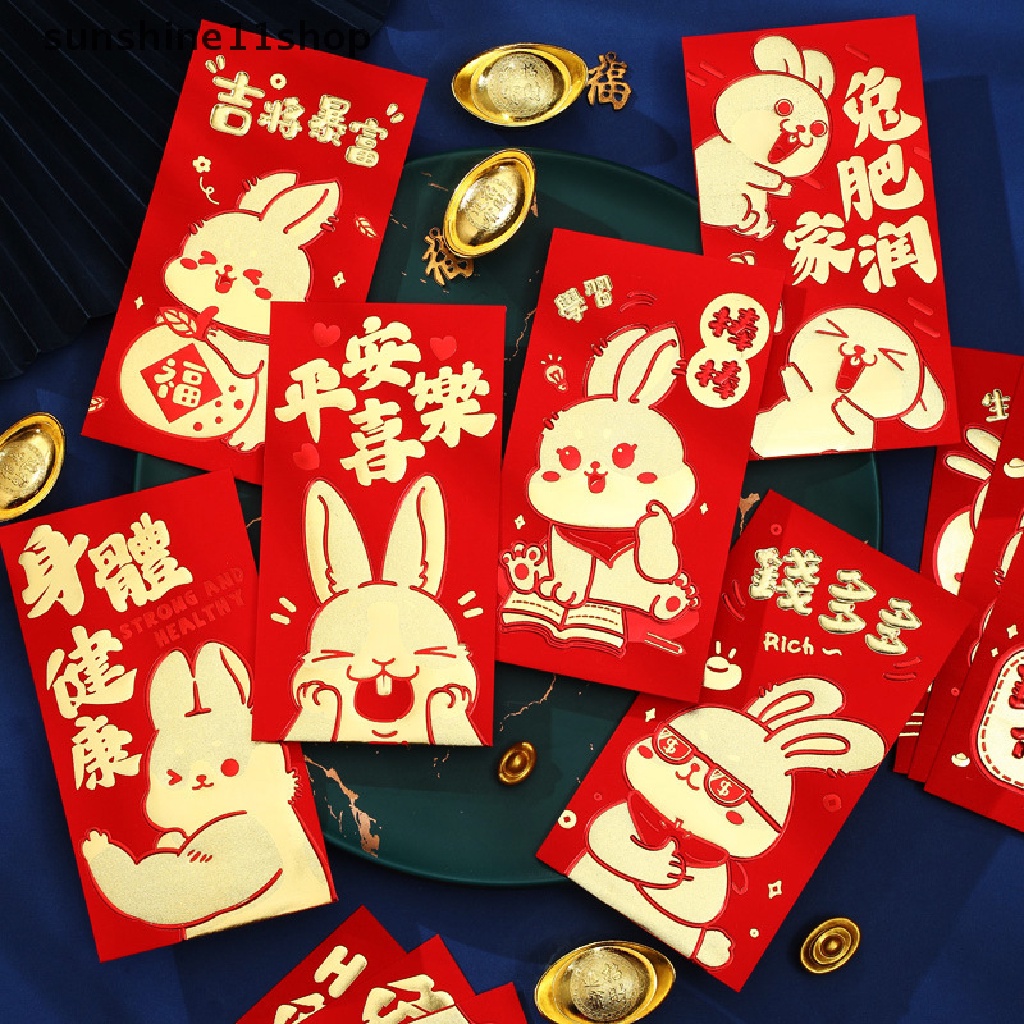 Sho 6 Pcs Kartun Anak Hadiah Anak Tas Kemasan Uang Amplop Merah Festival Musim Semi Hongbao 2023persediaan Festival Tahun Kelinci Cina N