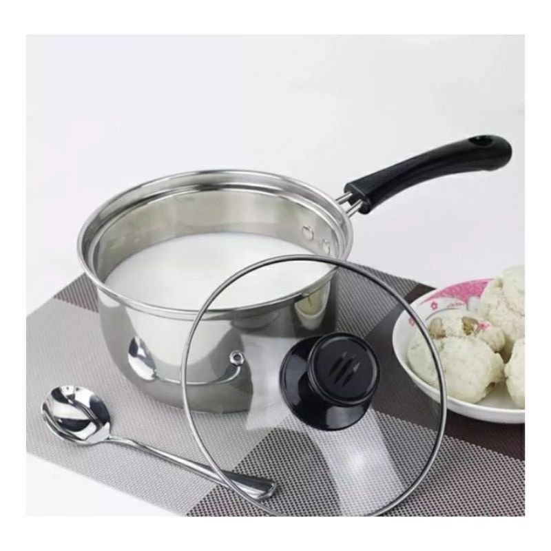 PANCI SUSU MIE DENGAN TUTUP KACA STAINLESS STEEL 20CM - ELEGANT MILK POT TEBAL - PANCI GAGANG MASAK SOUP INDOMIE STAINLESS QUALITY