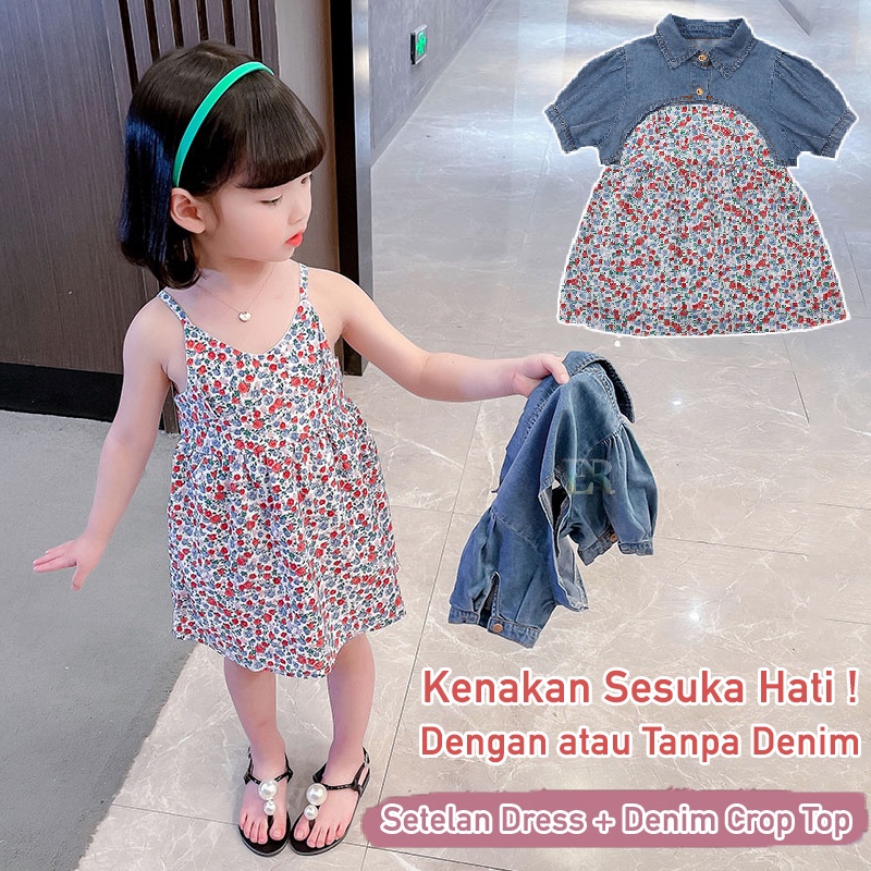 LNR Shop Dress Tanpa Lengan + Denim Crop Top Import Setelan Anak Perempuan Motil Floral Bunga Dress Rok Tanggung Summer Girl Suit Outer Jeans Gaun