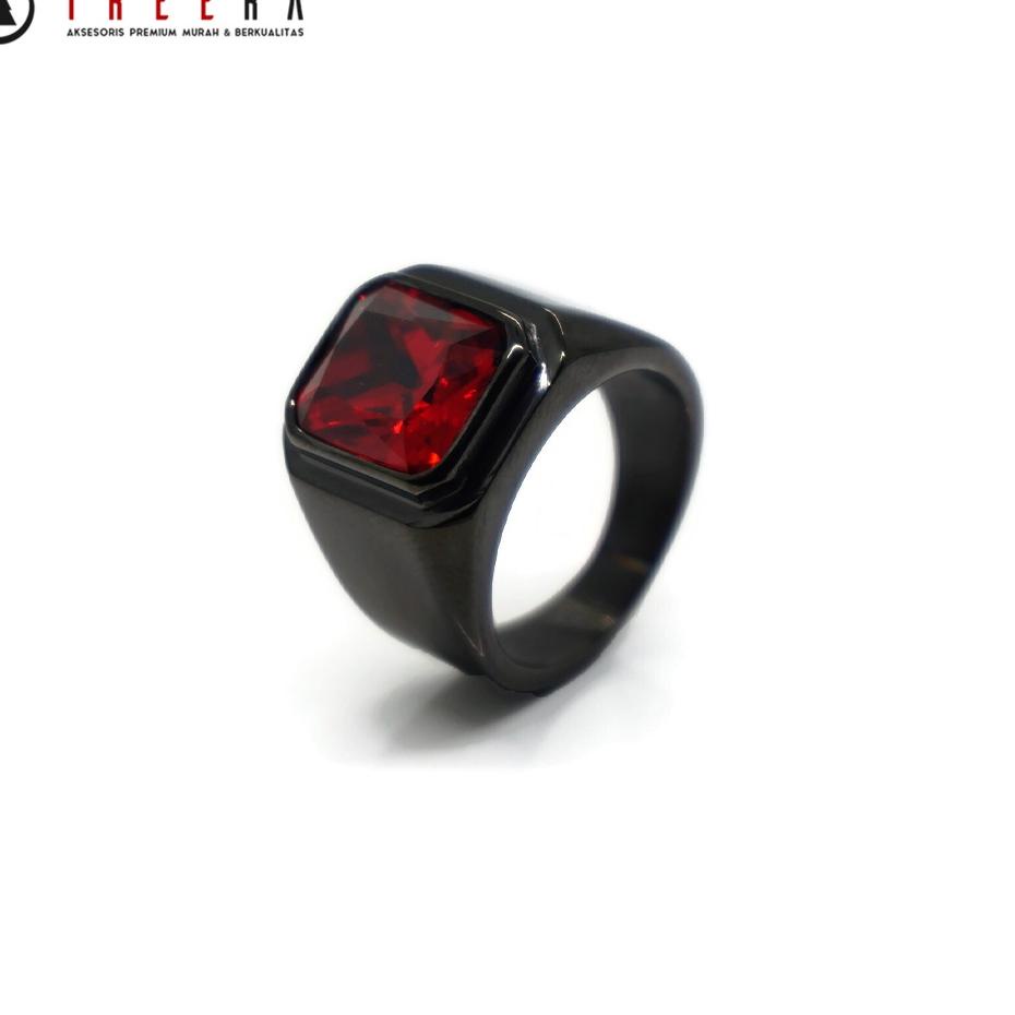 Pasti Trending Treera - Cincin Pria Titanium Hitam Batu Merah Premium Original