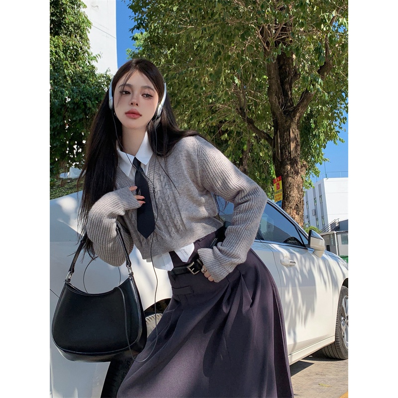 ﹉✈✇Suhao Gray Hot Girl Twist Knit Sweater Wanita Pendek Longgar Slim Lengan Panjang Sweater Musim Gugur 2022 Baru Atasan