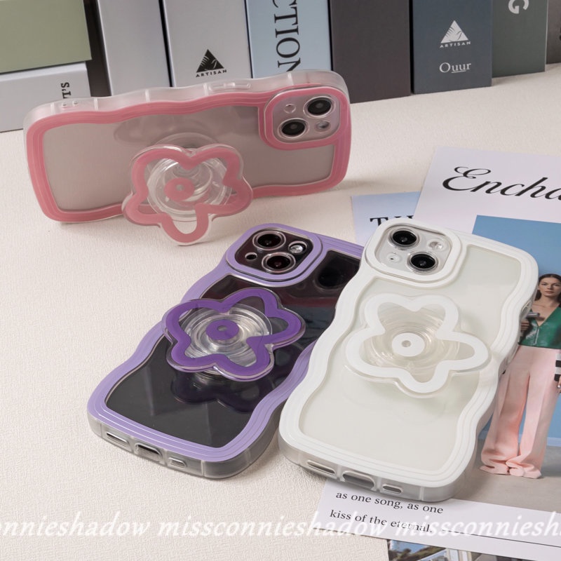 IPHONE Case Kompatibel Untuk Iphone6 6s 87 Plus 11 12 14 13 Pro Max 14Plus XR X XS Max SE 2020pinggiran Bergelombang Warna Solid Bunga Airbag Bracket Phone Holder Soft TPU Cover