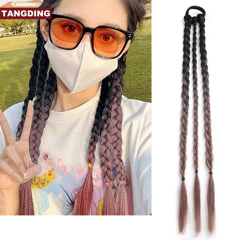 [COD Tangding]ins Gradasi Warna Tinju Kepang Wig Gadis Keren Y2K Tali Rambut Ponytail Twist Wig Aksesoris Rambut