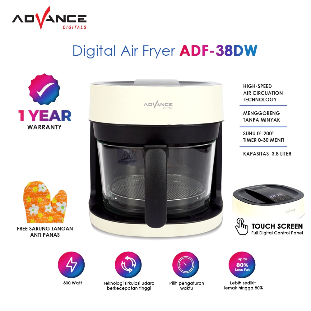 ADVANCE Air Fryer Digital ADF-38DW 3.8L Mesin Penggoreng Tanpa Minyak Anti Lengket Low Watt