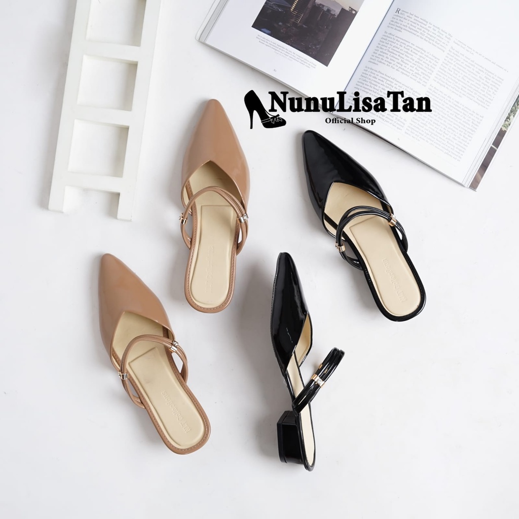 NunuLisaTan - High Heels Pantofel glossy 2 warna hitam mocca LAUREN