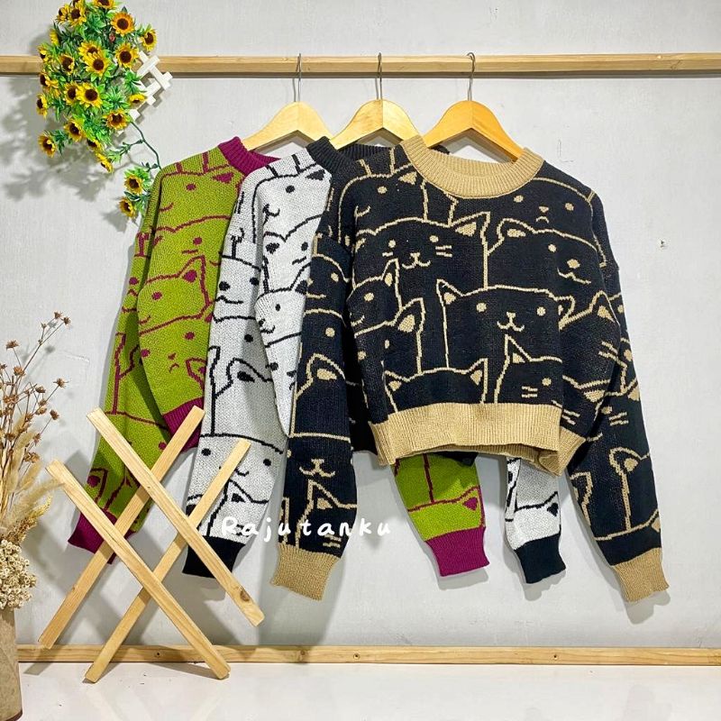 KITTY CROP RAJUT SWEATER MOTIF GAMBAR KUCING