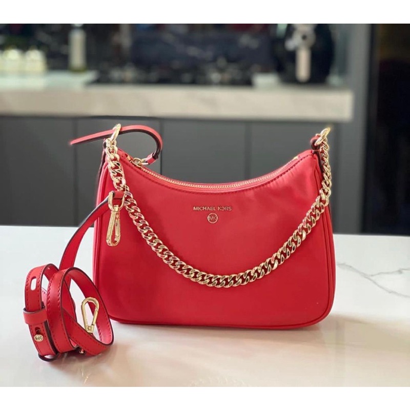 MICHAEL KORS Jet Set Medium Nylon Gabardine Crossbody Bag Sangria red