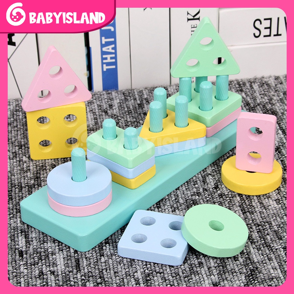Montessori 3D Puzzle Stacking Warna Wooden Toy Matching Shape Mainan Mainan Anak 2 Tahun Puzzle Kayu