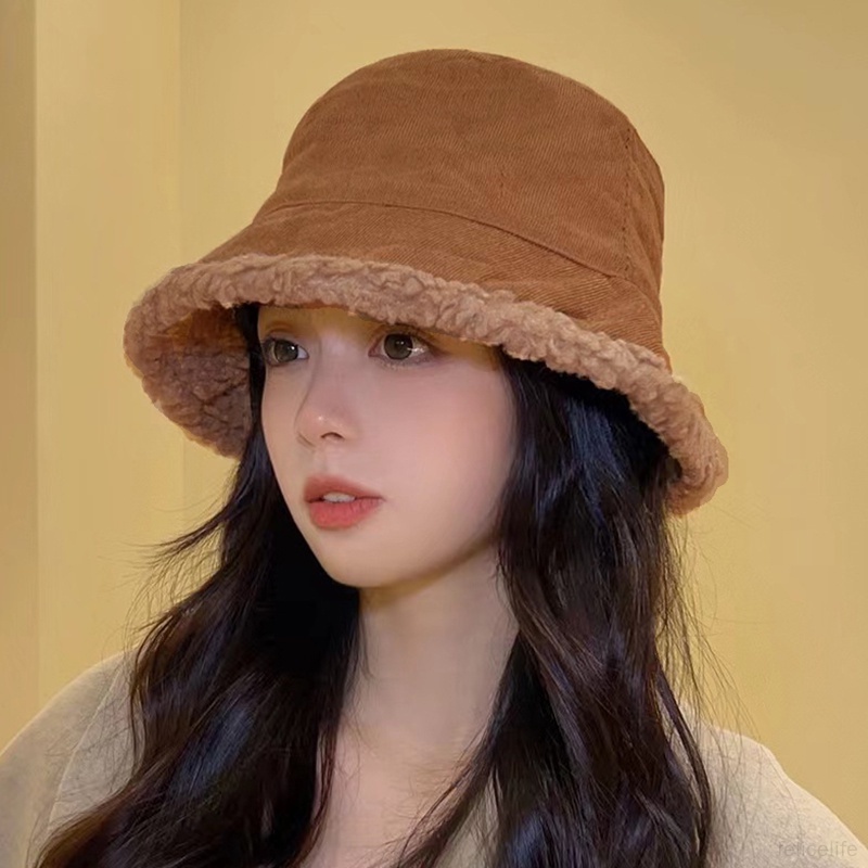 Wanita Topi Bucket Hat Menebal Retro Bulu Domba Memakai Dua Sisi Memakai Topi Nelayan Hangat