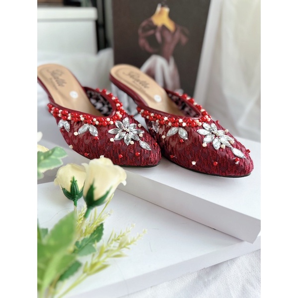 Termurah!!!! Heels 7cm kaca brukat payet Marwah maron best seller/ Sepatu pengantin / sepatu tunangan / sepatu wisuda / wedding shoes