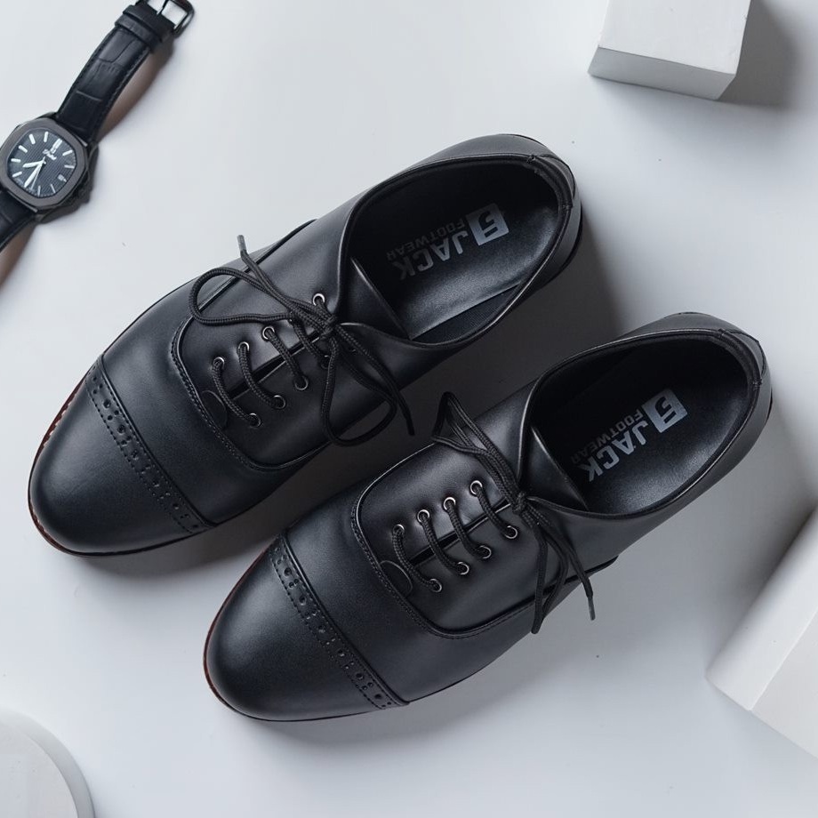 Sepatu Pantofel Pria Casual Formal Kantor Kulit Kerja Kuliah Pantopel Hitam Tali Original - Edric
