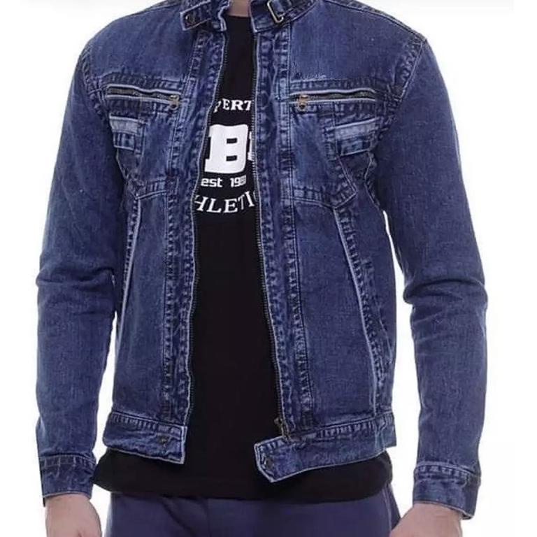 JAKET JEANS PRIA KERAH TINGGI RESLETING JAKET JEANS COWOK TB BANDUNG MURAH JEANS BOMBER [MNR.10De22ᵁ