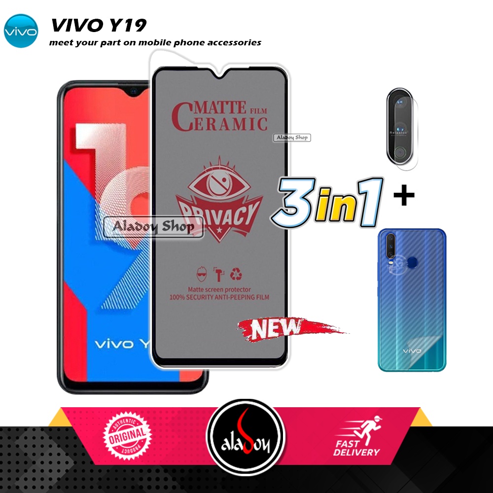 Tempered Glass Anti SPY Vivo Y19 Anti Gores Privacy + Tempered Glass kamera dan Skin Carbon