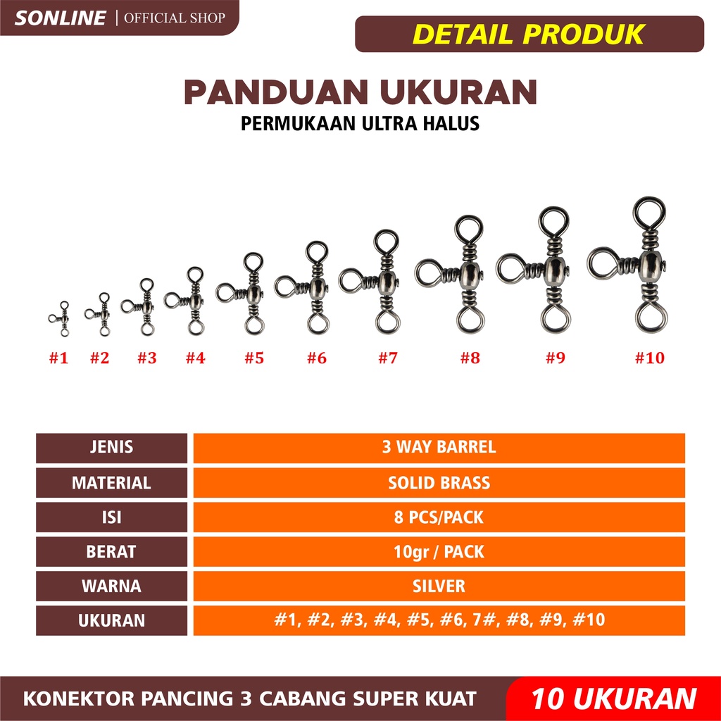 SONLINE KiliKili Barrel Swivel 3 Mata 3 Way Swivel Rangkaian Pancing Solid Ring Brass 3 Way Barrel Swivel Untuk Rangkaian Pancing Barrel 3 Way Fishing Swivel Solid Ring Brass Hook Line Connector