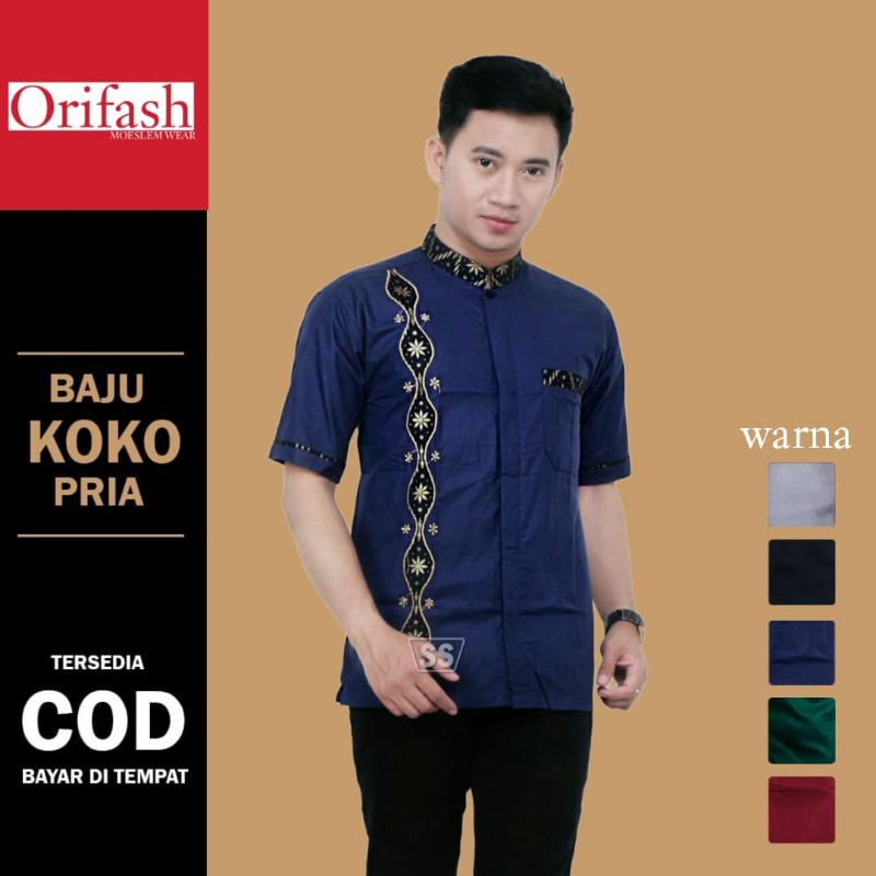 BAJU KOKO MUSLIM PRIA DEWASA LENGAN PENDEK MODEL BORDIR KOMBINASI MIX BATIK PRADA HALUS DAN TEBAL BERBAGAI MACAM WARNA