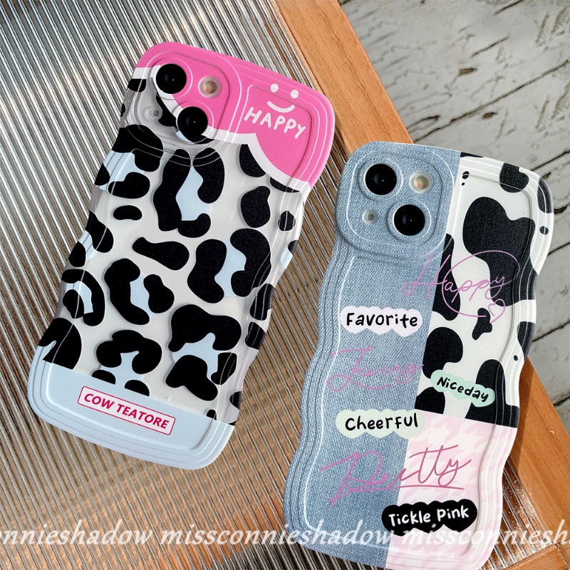 IPHONE Case Kompatibel Untuk Iphone6 6s 87 Plus 11 Pro Max XR X XS Max 14 13 12 Pro Max 14Plus SE 2020 Wavy Edge Cute Denim Patch Happy Leopard Print Bening Lembut TPU Couple Phone Case