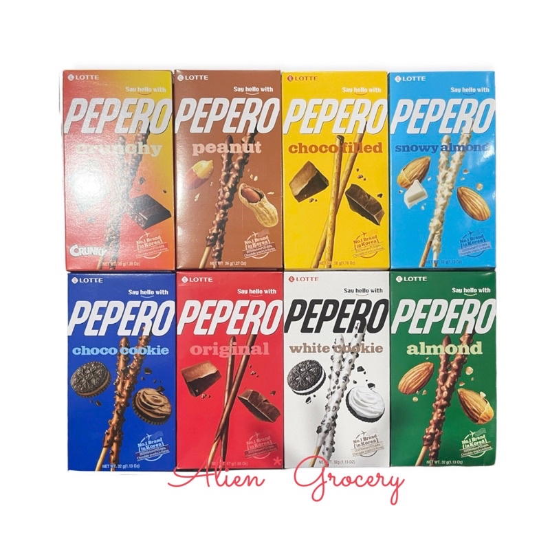 TERMURAH!!! PEPERO Lotte Pepero Almond Sesame  Peanut Crunchy Snowy Almond White Cookies Choco Filled Peanut Original