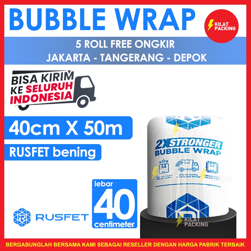 

Bubble Wrap Rusfet Bening 40CM X 50M Tebal Plastik Bubblewrap Roll
