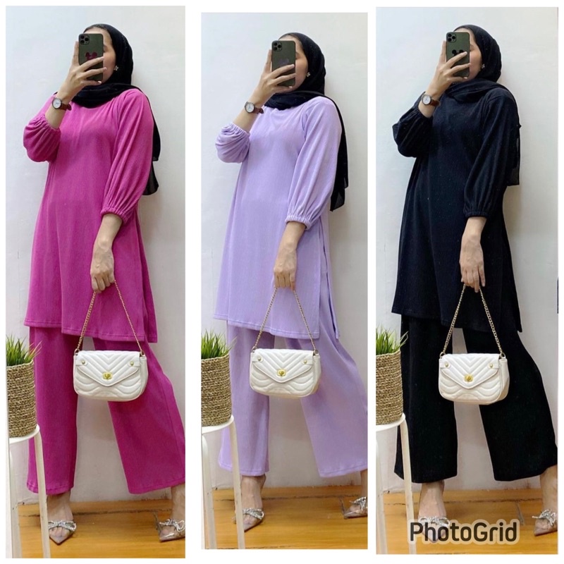 set tunik dunna uniqlo merk clarke setelan celana wanita