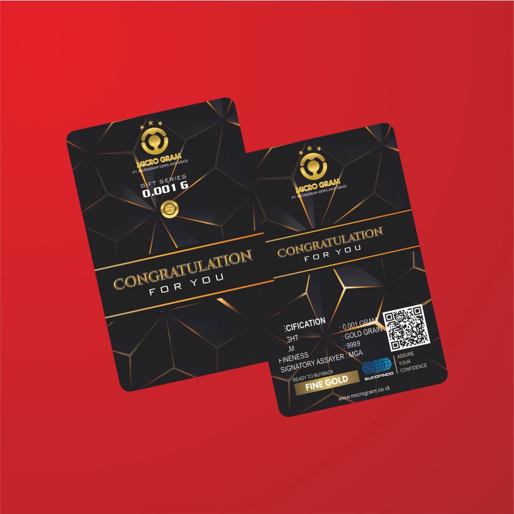 MICROGRAM Gift Series 0.001 Gram CONGRATULATIONS Kemasan PVC TERMURAH TERLARIS Emas Mini Emas Batangan Logam Mulia Murni 24 Karat Bersertifikat Resmi Asli Original Tabungan Emas Souvenir Keren Mewah