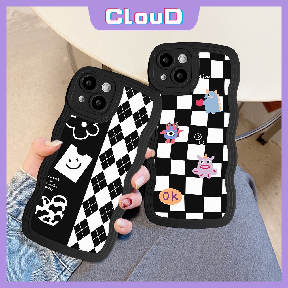 IPHONE Casing Monster Kecil Kartun Lucu Kompatibel Untuk Iphone11 13 12 14 Pro Max7 8 Plus X XS Max 6s 6 14 Plus XR SE 2020 Grid Berlian Bergelombang Tepi Kisi Lembut Tpu Cover