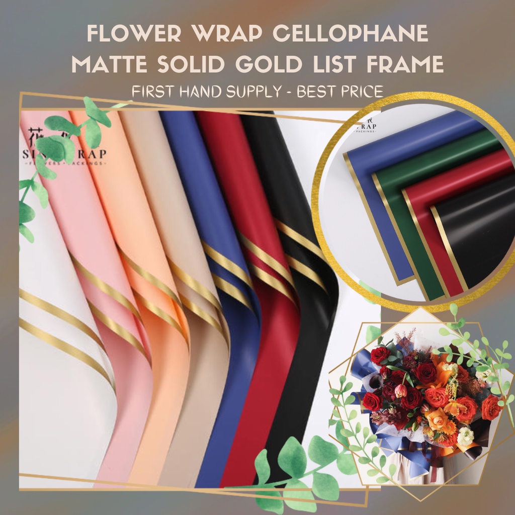 

[5 Lembar] Kertas Buket Bunga Cellophane Solid Non Transparent - Flower Wrapping Paper Gold List Matte Color Polos Non Transparan - Flower Wrap Premium Gold Frame - Bungkus Kado Hadiah Florist Flower Bouquet Wisuda Waterproof