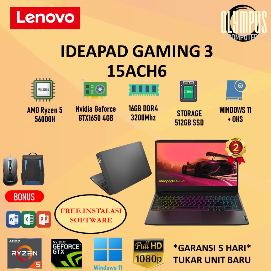 Laptop LENOVO GAMING 3 15 GTX1650 Ryzen 5 5600H 16GB 512SSD W11+OHS 120Hz